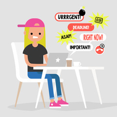 Young female manager receiving a bunch of notifications on the laptop messenger. Troubleshooting. Deadlines and urgent tasks. Business situation. Flat editable vector illustration, clip art