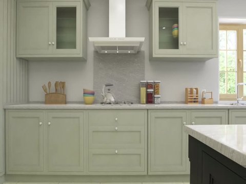 3d animation of kitchen and dinningroom interior.