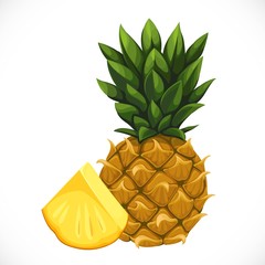 Whole pineapple and sliced slice nearby isolated on a white background - obrazy, fototapety, plakaty