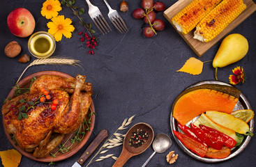 Chicken or turkey,  autumn food eating. Thanksgiving Day and Harvest food  background. Top view