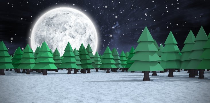 Composite image of green christmas trees on snowy field at
