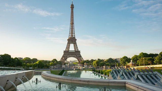 Eiffel Tower video from Trocadero Place on sunrise with fountains on foreground.