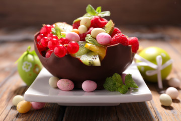 chocolate bowl with fruit and easter egg
