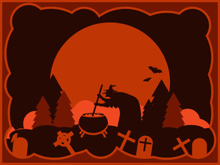 Halloween old witch is brewing a potion in the cemetery. Background with full moon and bats. Vector illustration