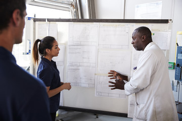 Fototapeta premium Engineer instructs two apprentices at white board, close up