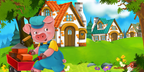 Cartoon scene pig worker near traditional village - illustration for children