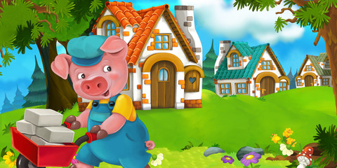 Cartoon scene pig worker near traditional village - illustration for children