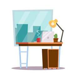 Office Workplace Concept Vector. Office Desk. Classic Work space. Desk, Computer Illustration.
