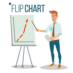 Flip Chart Seminar Concept Vector. Man Showing Presentation. Flat Cartoon Isolated Illustration. Business Info Graphic. Pie Graph, Briefcase