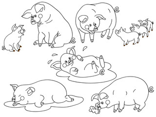 Vector Set of Cute Cartoon Pigs