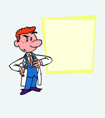 Worried red-haired doctor. Is showing, as in a presentation, the data you want.