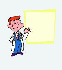 Happy red-haired doctor makes the gesture of ok. Is showing, as in a presentation, the data you want.