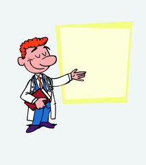 Red-haired doctor points, relaxed, with a book in his hand. Is showing, as in a presentation, the data you want.