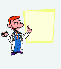 Red-haired doctor relaxed, speak content. Is showing, as in a presentation, the data you want.