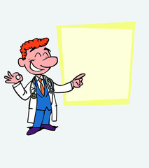 Happy red-haired doctor makes the gesture of ok. Is showing, as in a presentation, the data you want.