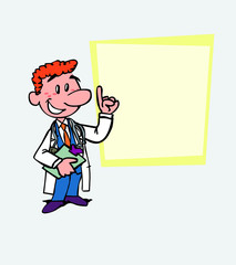 happy red-haired doctor is showing, as in a presentation, the data you want. He has a folder in his hand.