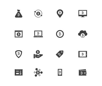 Set of bitcion vector solid icons. Contains such icons as Bitcion wallet, Security payment, Cloud, Cash out, Conversion, Coin and more.
