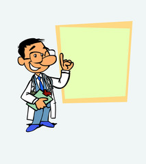 happy asian doctor is showing, as in a presentation, the data you want. He has a folder in his hand.