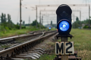 blue light on the railway semaphore