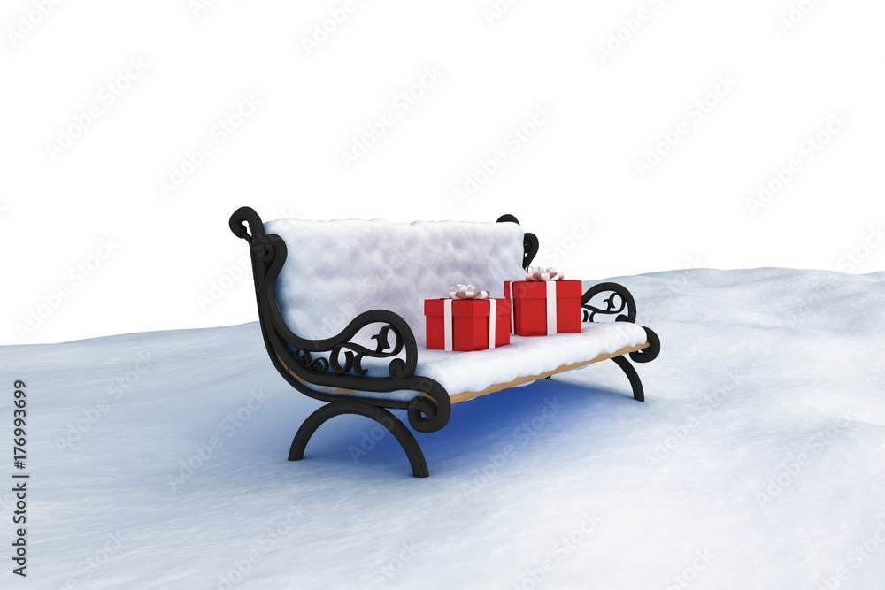 Poster digitally composite image of gift boxes on park bench
