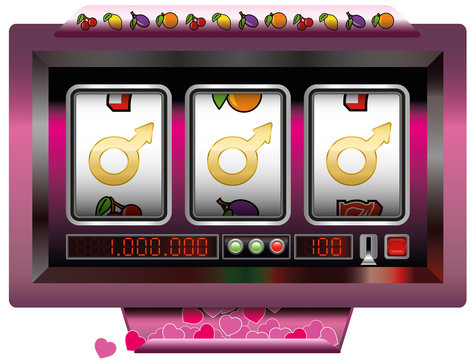 Dream lover win with slot machine - symbol for having good fortune to find the ideal man - slot machine jackpot with three male signs. Vector illustration on white background.