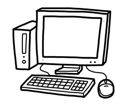 desktop computer / cartoon vector and illustration, black and white, hand drawn, sketch style, isolated on white background.