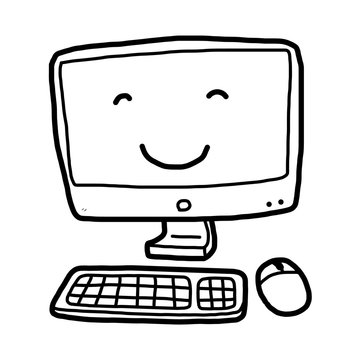 cute computer / cartoon vector and illustration, black and white, hand drawn, sketch style, isolated on white background.