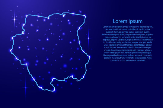 Map Suriname from the contours network blue, luminous space stars for banner, poster, greeting card, of vector illustration