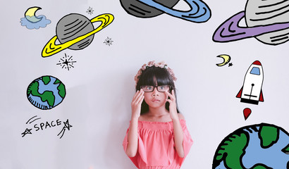 Young Asian girl kid wearing glasses with stars and space  illustrator doodles -  astronomer kid...