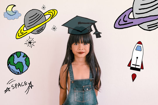 Young Asian Girl Kid Wearing Graduation Hat Doodles With Stars And Space  Illustrator Doodles -  Astronomer Kid With Space And Science Concept