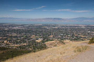 Distant view of Lake Utah and town from Squaw Peak in Provo, Canyon
