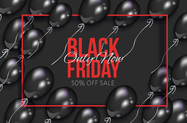 vector realistic banner, poster with red black friday lettering inscription in black frame on the background of air balloons. Advertising , discounts and sale promotion design template