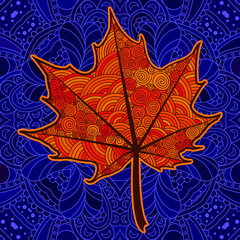 Orange decorative maple leaf.  Vector template for decorating greeting cards, coloring books, art therapy, anti stress, print for t-shirt and textile.