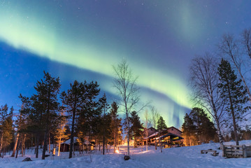 Green Northern lights belts in a blue sky over a cottage in the lapland forest