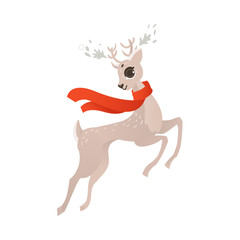 vector flat cartoon cute female christmas reindeer in red scarf. Winter holiday deer animal simbol full lenght. Isolated illustration on a white background.