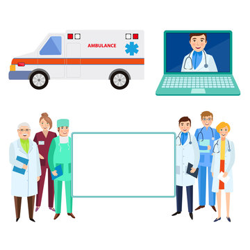 Hospital staff, doctors holding big empty board, ambulance and laptop with online help service, flat cartoon vector illustration isolated on white background. Flat cartoon doctors, medical staff set
