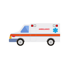 vector flat cartoon ambulance car. Paramedic emergency auto. Medical evacuation service rescue vehicle. Hospital transport. Isolated illustration on a white background