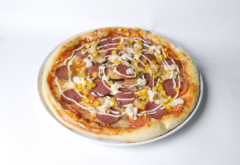 Pizza with ham salami and mushrooms on a white plate