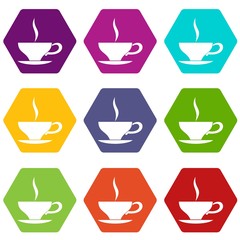 Cup of tea icon set color hexahedron