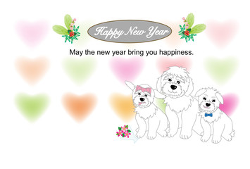 可愛い犬とハートのイラストの年賀状　戌年