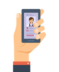 Hand holds the smartphone. Mobile applications. Social network, evaluation photo.