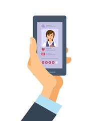 Hand holds the smartphone. Mobile applications. Social network, evaluation photo.
