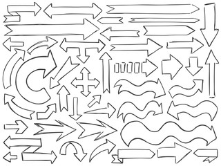 Arrows doodle pencil signs set curve black white