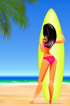 Cartoon girl character in red bikini with surfboard. Vector illustration.