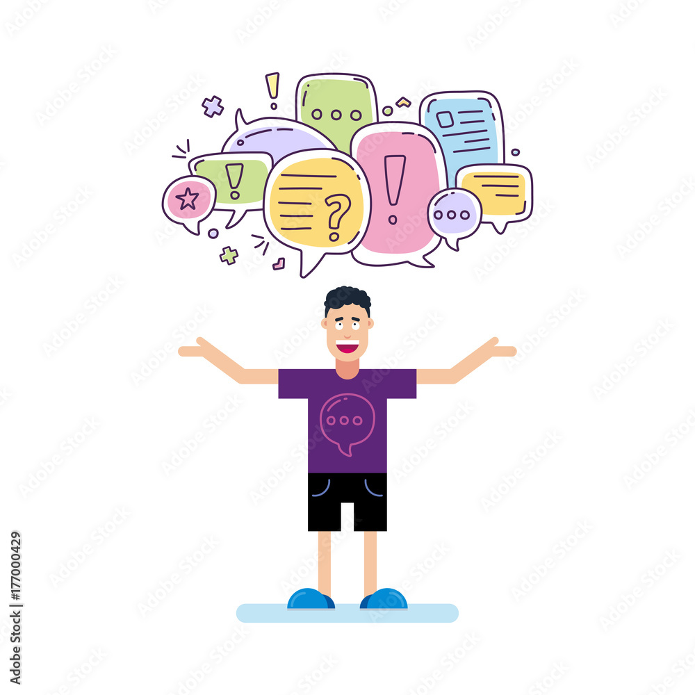 Poster vector illustration of man and colorful color dialog speech bubbles with icons and text let s talkin