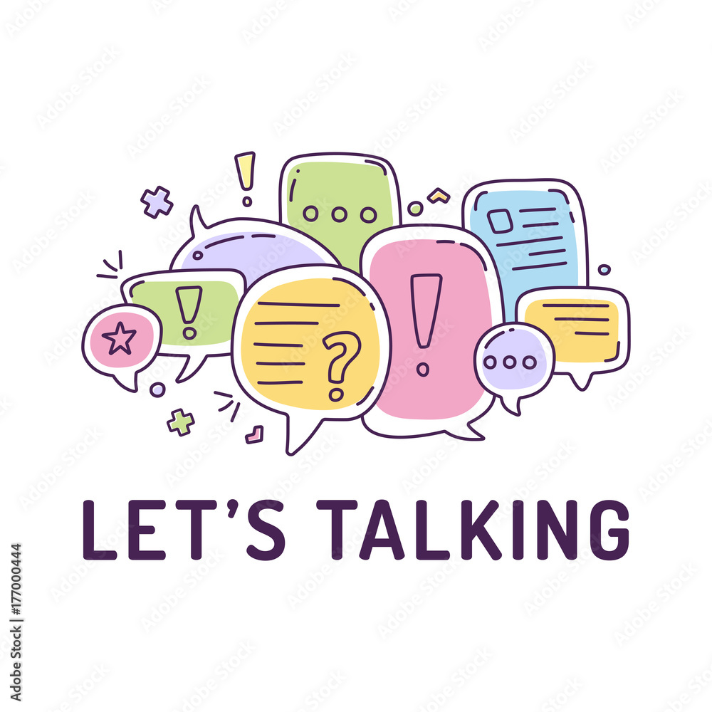 Poster vector illustration of colorful color dialog speech bubbles with icons and text let s talking on whi
