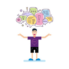 Vector illustration of man and colorful color dialog speech bubbles with icons and text let s talking on white background. Safety communication thin line design of mobile technology concept.