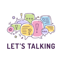 Vector illustration of colorful color dialog speech bubbles with icons and text let s talking on white background. Safety communication thin line design of mobile technology concept