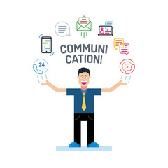 a business man character in blue tees and tie with his hands up. communication Icons are arranged in a semicircle above the head