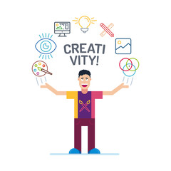 the art man character in colorful stroke tees and print with his hands up. paint, drawing or creativity Icons are arranged in a semicircle above the head